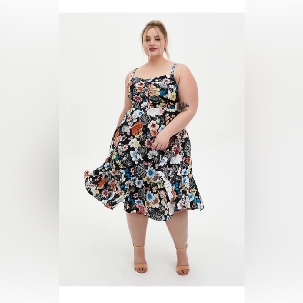 New Torrid Challis button Floral Print Black midi skaters dress 3X  🌸🌹🌺